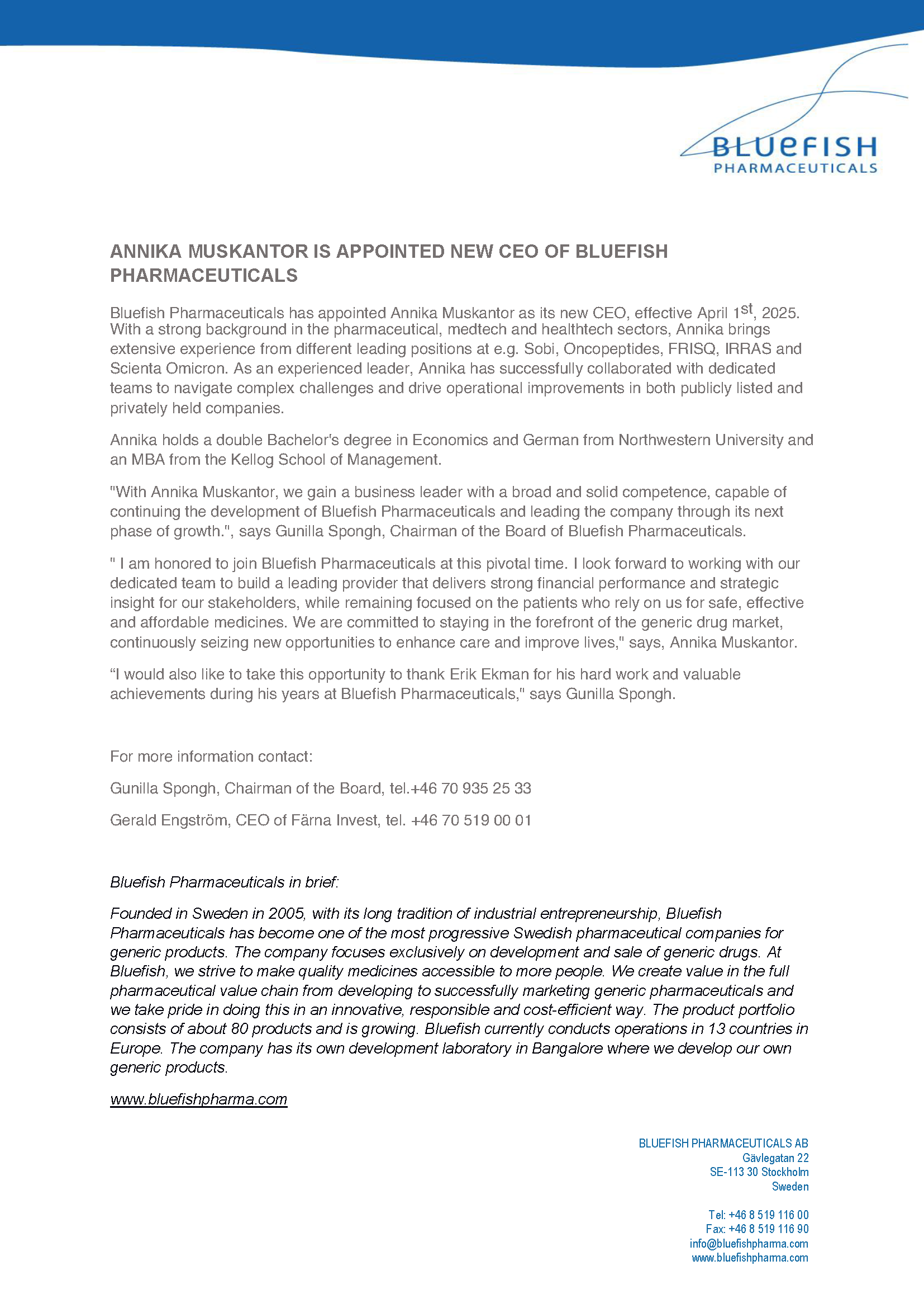 New CEO for Bluefish Pharmaceuticals